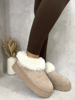 Khaki Shella Faux Fur Trim Platform Ankle Boots<IKRUSH Fashion