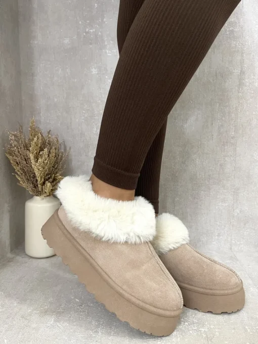 Khaki Shella Faux Fur Trim Platform Ankle Boots<IKRUSH Fashion