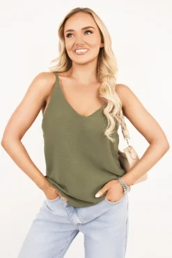 Khaki Vanya Sleeveless Scoop Neck Relaxed Fit Top<IKRUSH Online
