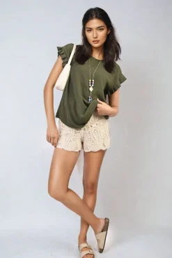 Khaki Vera Ruffle Trim Sleeve Top<IKRUSH Sale