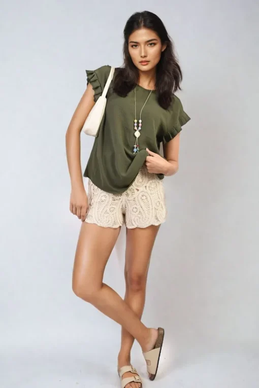 Khaki Vera Ruffle Trim Sleeve Top<IKRUSH Sale