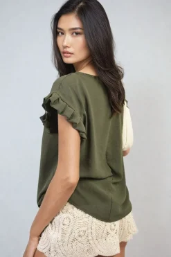 Khaki Vera Ruffle Trim Sleeve Top<IKRUSH Sale