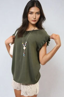 Khaki Vera Ruffle Trim Sleeve Top<IKRUSH Sale