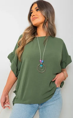Khaki Vienna Frill Sleeve Top<IKRUSH Discount