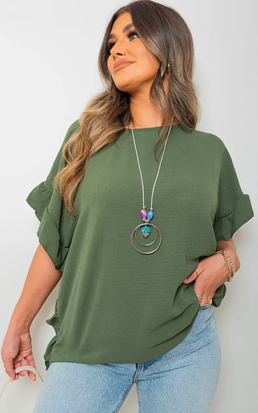 Khaki Vienna Frill Sleeve Top<IKRUSH Discount