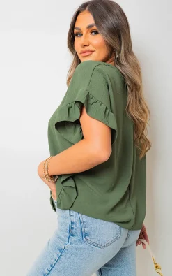Khaki Vienna Frill Sleeve Top<IKRUSH Discount