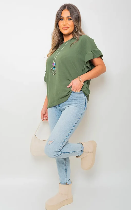 Khaki Vienna Frill Sleeve Top<IKRUSH Discount