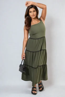 Khaki Zaylee Contrast Ric Rac Detail Multi Tiered Maxi Dress<IKRUSH Fashion