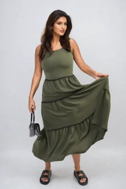 Khaki Zaylee Contrast Ric Rac Detail Multi Tiered Maxi Dress<IKRUSH Fashion