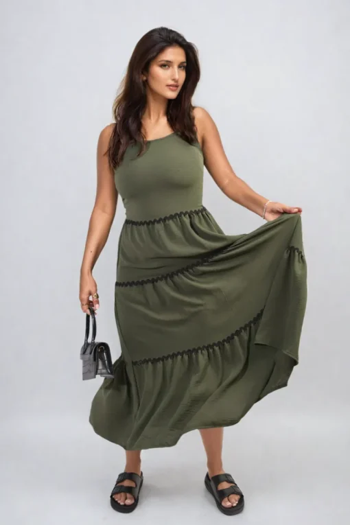 Khaki Zaylee Contrast Ric Rac Detail Multi Tiered Maxi Dress<IKRUSH Fashion