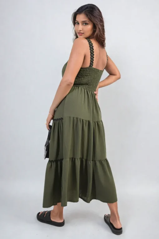 Khaki Zaylee Contrast Ric Rac Detail Multi Tiered Maxi Dress<IKRUSH Fashion