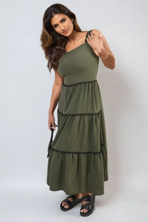Khaki Zaylee Contrast Ric Rac Detail Multi Tiered Maxi Dress<IKRUSH Fashion