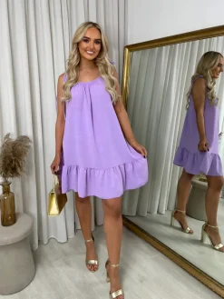 Lavendar Faye Backless Tie-up Spaghetti Strap Frill Hem Mini Dress<IKRUSH Fashion