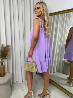 Lavendar Faye Backless Tie-up Spaghetti Strap Frill Hem Mini Dress<IKRUSH Fashion