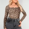 Leopard Danna Square Neckline Long Sleeve Top<IKRUSH Fashion