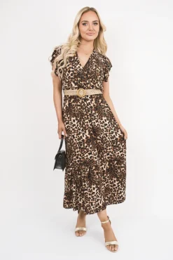 Leopard Kareen V Neck Short Sleeve Tiered Midi Dress with Belt<IKRUSH Fashion