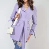 Lilac Lexi Collared Long Sleeve V-Neck Belted Blazer Jacket<IKRUSH Online