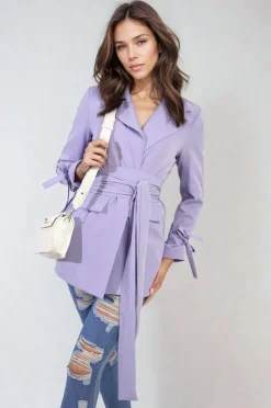 Lilac Lexi Collared Long Sleeve V-Neck Belted Blazer Jacket<IKRUSH Online