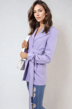 Lilac Lexi Collared Long Sleeve V-Neck Belted Blazer Jacket<IKRUSH Online