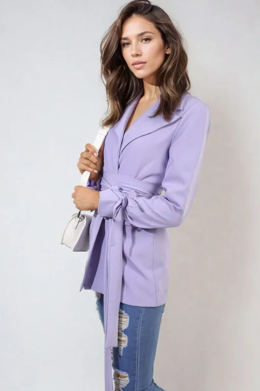 Lilac Lexi Collared Long Sleeve V-Neck Belted Blazer Jacket<IKRUSH Online