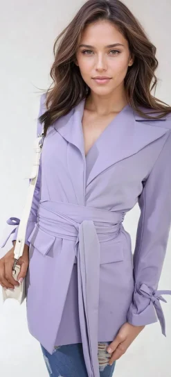 Lilac Lexi Collared Long Sleeve V-Neck Belted Blazer Jacket<IKRUSH Online