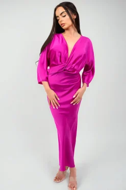 Magenta Kylie V-Neck Twist Front Midi Dress<IKRUSH Outlet