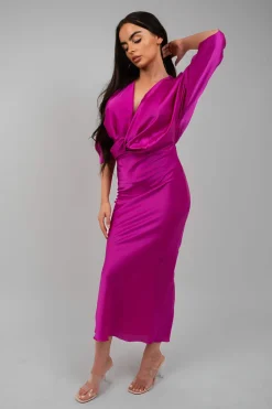 Magenta Kylie V-Neck Twist Front Midi Dress<IKRUSH Outlet