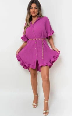 Magenta Prisha Button Down Oversized Ruffle Short Sleeve Mini Dress<IKRUSH Best