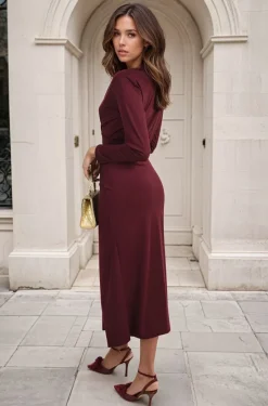 Maroon Julia V Neck Ruched Front Slit Midi Dress<IKRUSH Outlet