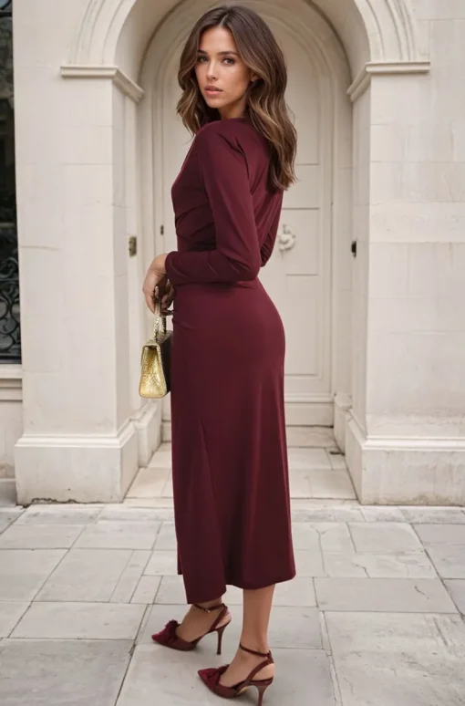 Maroon Julia V Neck Ruched Front Slit Midi Dress<IKRUSH Outlet