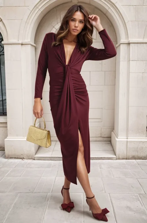 Maroon Julia V Neck Ruched Front Slit Midi Dress<IKRUSH Outlet