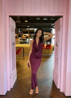 Maroon Nova Plunge Cowl Neck Backless Maxi Dress with Back Slit<IKRUSH New