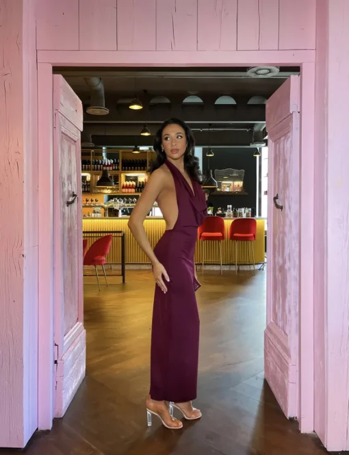 Maroon Nova Plunge Cowl Neck Backless Maxi Dress with Back Slit<IKRUSH New
