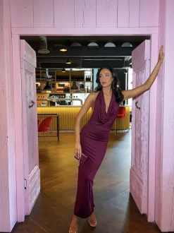 Maroon Nova Plunge Cowl Neck Backless Maxi Dress with Back Slit<IKRUSH New