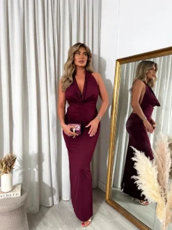 Maroon Nova Plunge Cowl Neck Backless Maxi Dress with Back Slit<IKRUSH New
