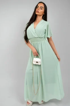 Mint Elsie Smocked Waist V Neck Short Sleeve Flowy Maxi Dress<IKRUSH Clearance