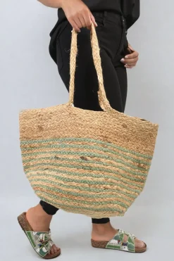 Mint Louisa Striped Beach Braided Tote Bag<IKRUSH Clearance