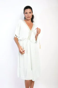 Mint Maja V-Neck Short Sleeve Midi Dress with Tassel Detail<IKRUSH Online