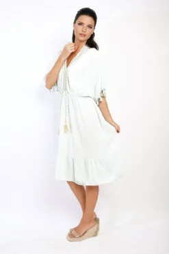 Mint Maja V-Neck Short Sleeve Midi Dress with Tassel Detail<IKRUSH Online