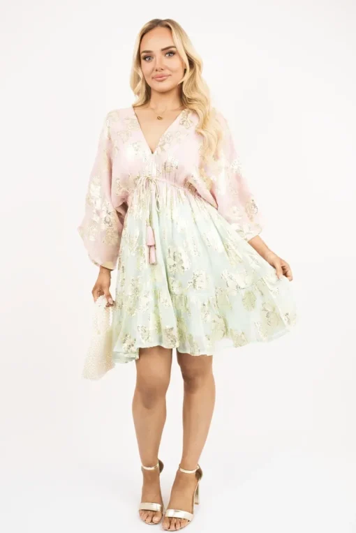 Mint Nalaya V Neck Long Sleeve Mini Dress with Metallic Tassel Detail<IKRUSH Best