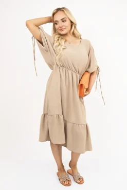 Mocha Fianna Round Neck Short Sleeve Midi Dress with Tie Sleeve Detail<IKRUSH New
