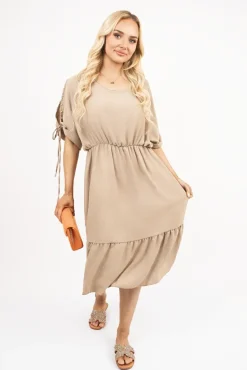 Mocha Fianna Round Neck Short Sleeve Midi Dress with Tie Sleeve Detail<IKRUSH New
