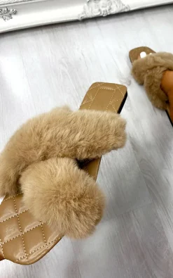 Mocha Saffron Faux Fur Sandals<IKRUSH Clearance