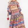 Multi Aalia Bardot Crop Top and Maxi Skirt Co-Ord with Frill Trim<IKRUSH Clearance