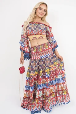 Multi Aalia Bardot Crop Top and Maxi Skirt Co-Ord with Frill Trim<IKRUSH Clearance