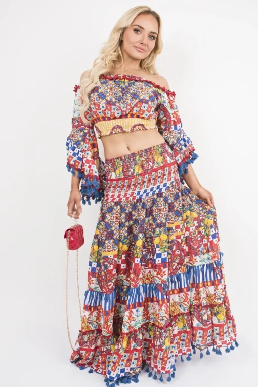 Multi Aalia Bardot Crop Top and Maxi Skirt Co-Ord with Frill Trim<IKRUSH Clearance