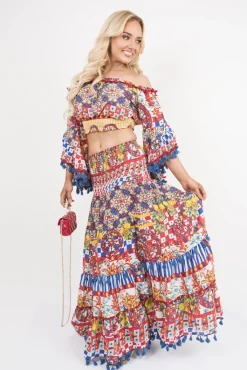 Multi Aalia Bardot Crop Top and Maxi Skirt Co-Ord with Frill Trim<IKRUSH Clearance