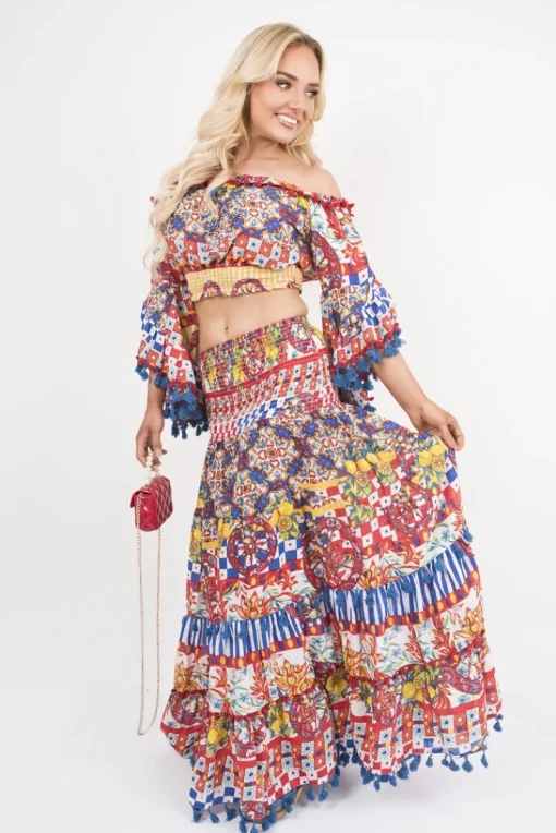 Multi Aalia Bardot Crop Top and Maxi Skirt Co-Ord with Frill Trim<IKRUSH Clearance