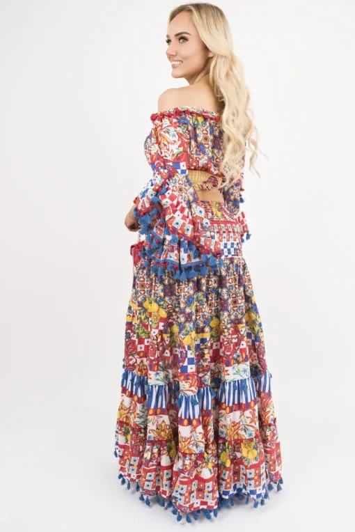 Multi Aalia Bardot Crop Top and Maxi Skirt Co-Ord with Frill Trim<IKRUSH Clearance