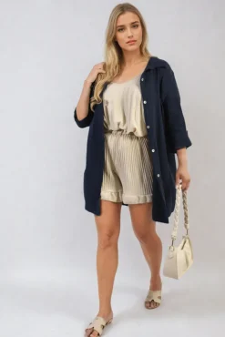 Navy Clemmie Button Down Long Sleeve Oversized Shirt<IKRUSH Clearance
